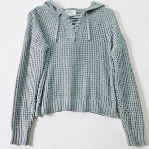 Oak + Meadow Hoodie Sweater Small S Green Waffle Knit Lace Up Hooded Oversized